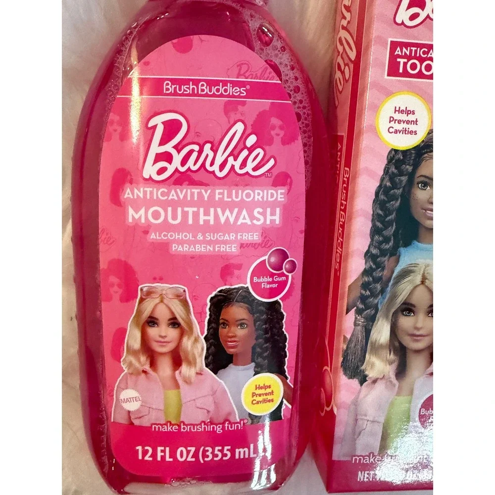 Barbie Brush Buddies Dental Set Mouthwash Toothpaste 2pk Toothbrushes Bubble Gum